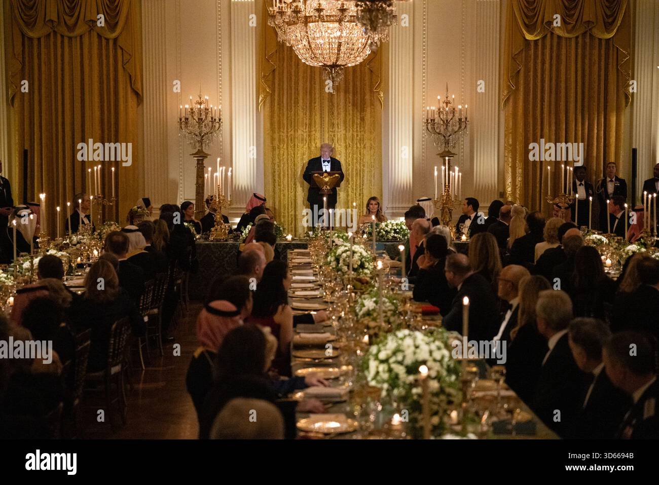 President Donald Trump delivers remarks at a dinner for Saudi Arabian ...