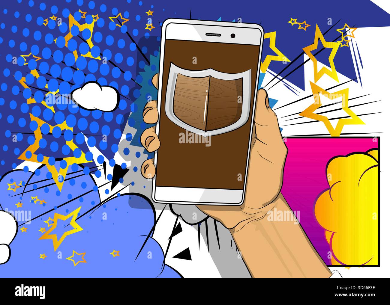 Cartoon Smartphone, comic book Telephone with Shield. Retro vector ...