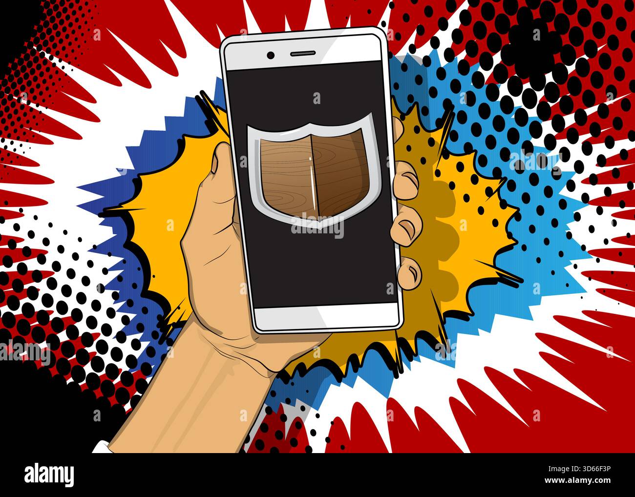 Cartoon Smartphone, comic book Telephone with Shield. Retro vector ...