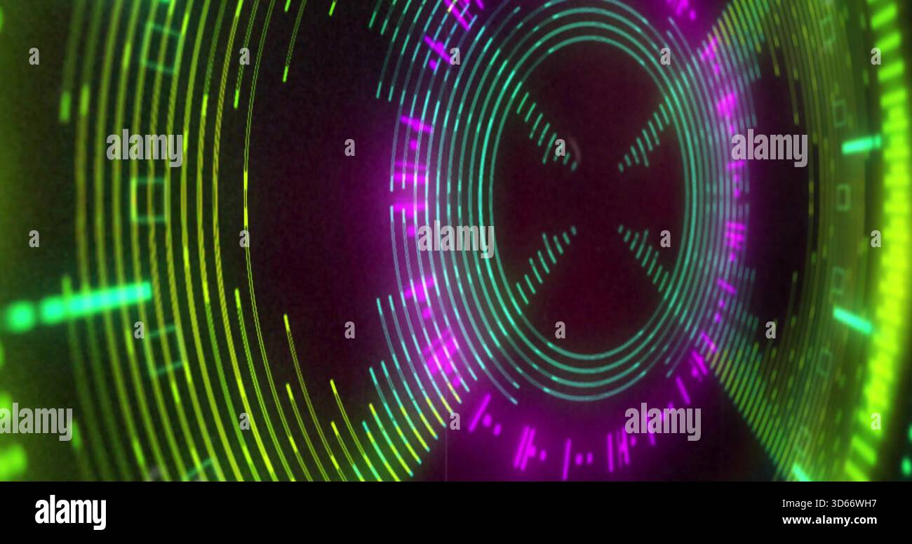 Rotating neon circular HUD centered against dark void, displaying concentric rings and pulses Stock Photo