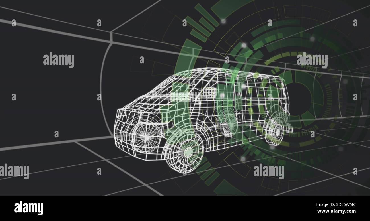 Rendering 3D wireframe van model in studio showing converging grid floor, neon segmented HUD rings Stock Photo
