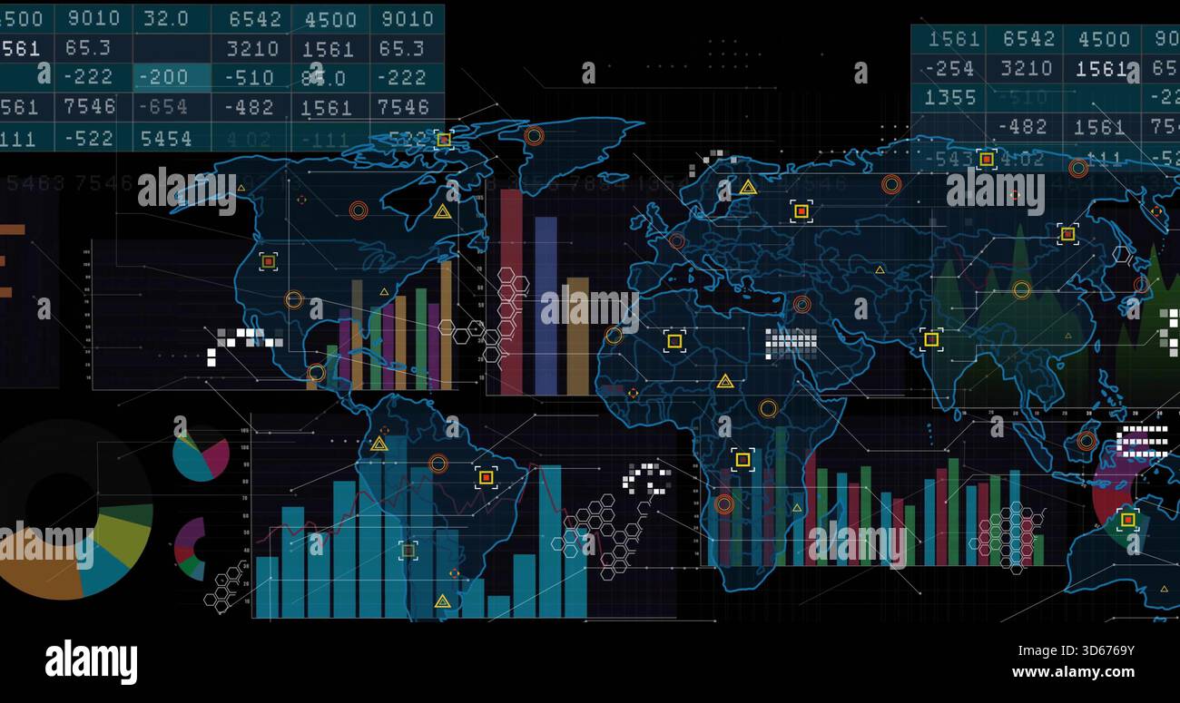 Displaying stylized world map on dark dashboard, showing multi-colored bars, pie segments, heatmap Stock Photo