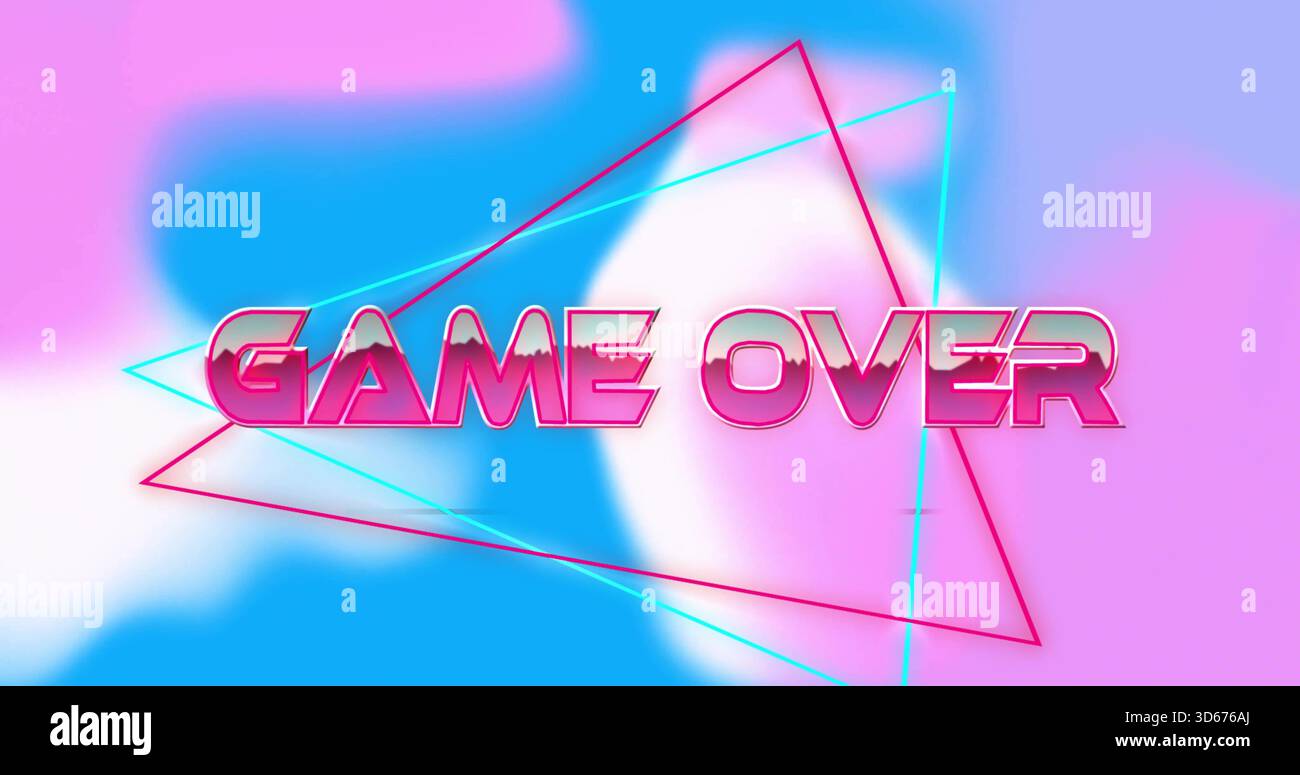 Displaying large metallic pink GAME OVER text centered in synthwave artwork, with neon triangles Stock Photo