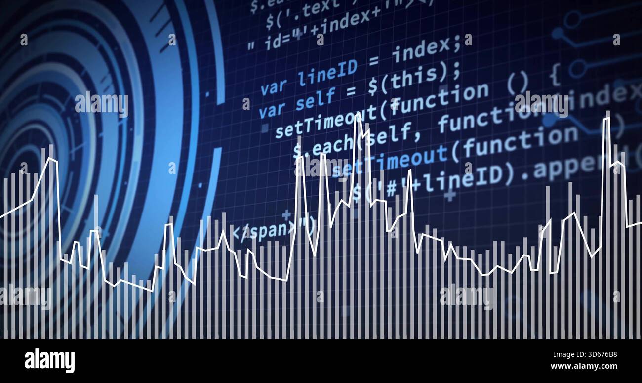 Displaying white vertical bars and jagged waveform with radar on dark blue grid and code Stock Photo