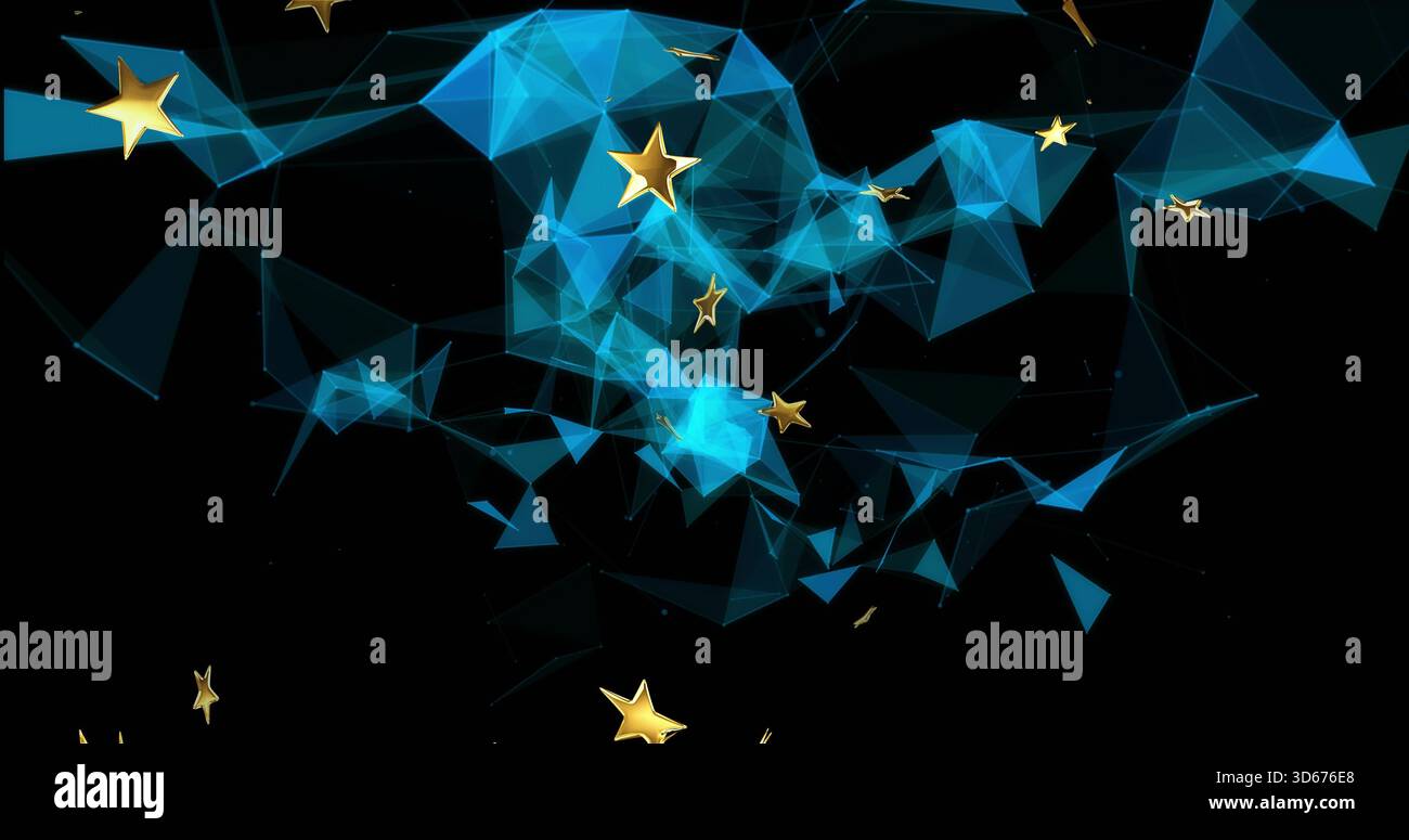 Flowing translucent blue polygonal mesh forming 3D ribbon in black void, with golden stars Stock Photo