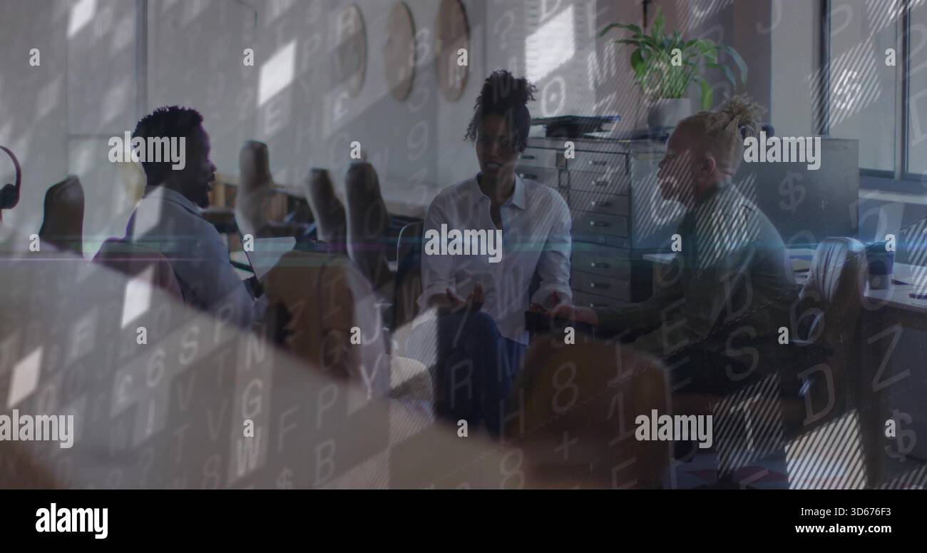 Talking, three colleagues in business casual exchanging ideas around table with overlaid numbers Stock Photo
