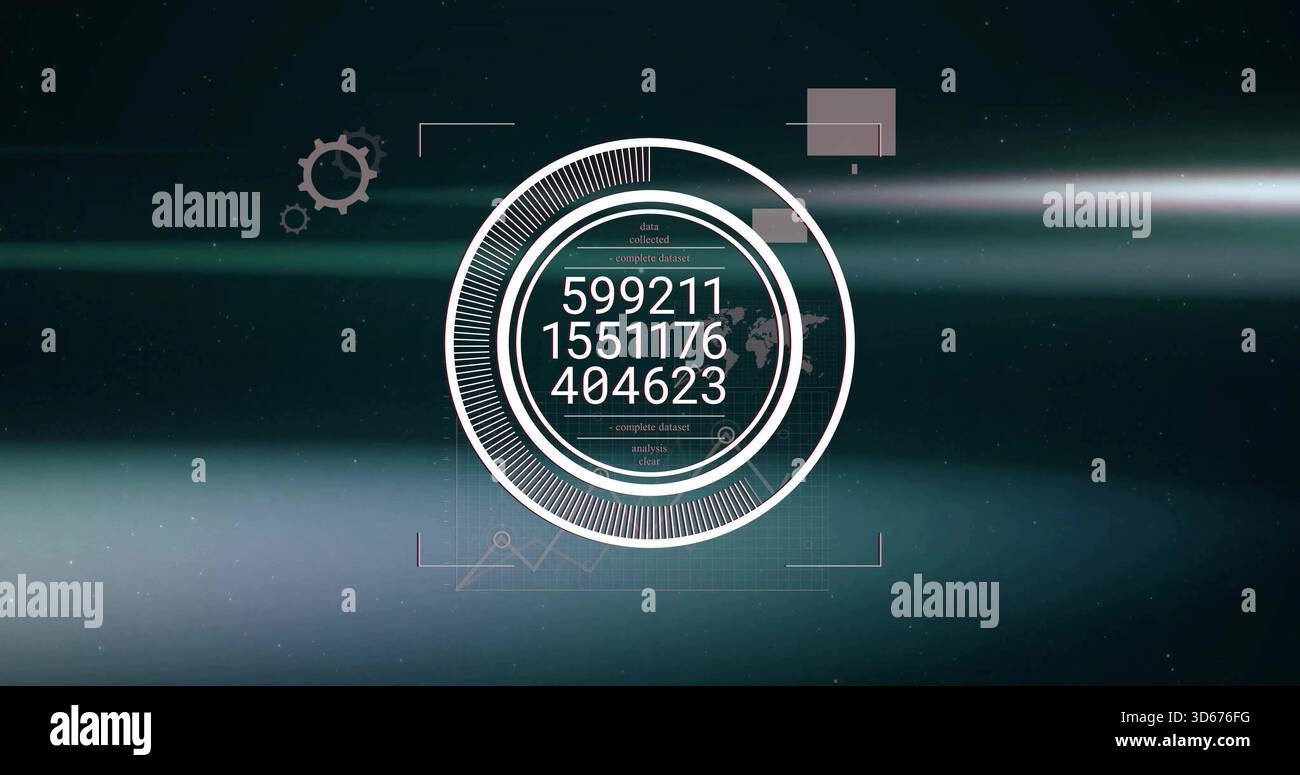 Rotating HUD showing marked progress ring and thin arc on digital dash, with three stacked values Stock Photo