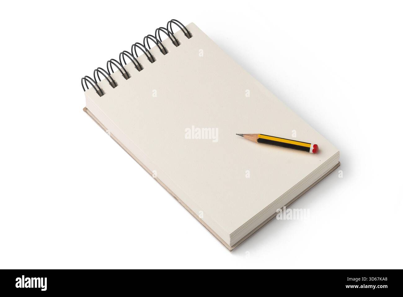Blank spiral notebook with pencil on white background Stock Photo