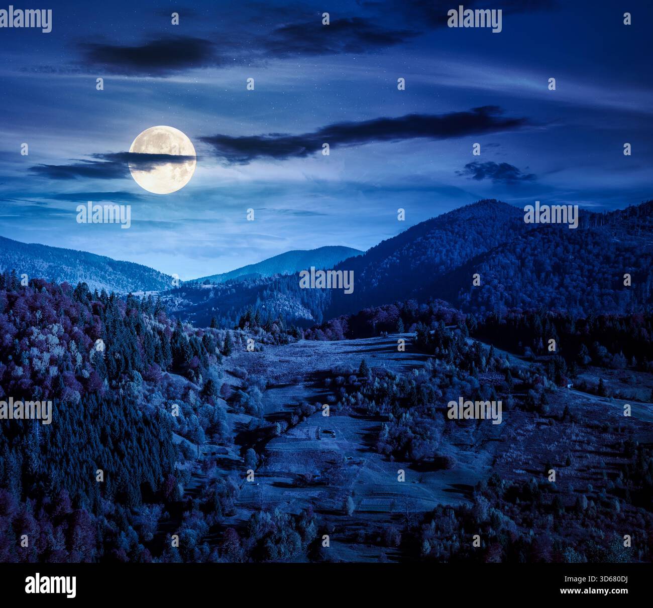rural area in mountains autumn landscape at night. beautiful countryside scenery with rolling hills under dark sky in full moon light. backdrop for fi Stock Photo