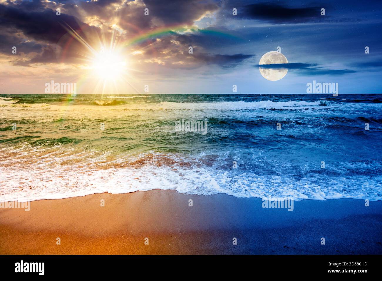 sea waves crashing sandy beach. day and night time change concept. summer solstice on a windy weather under cloudy sky with sun and moon. view of dram Stock Photo