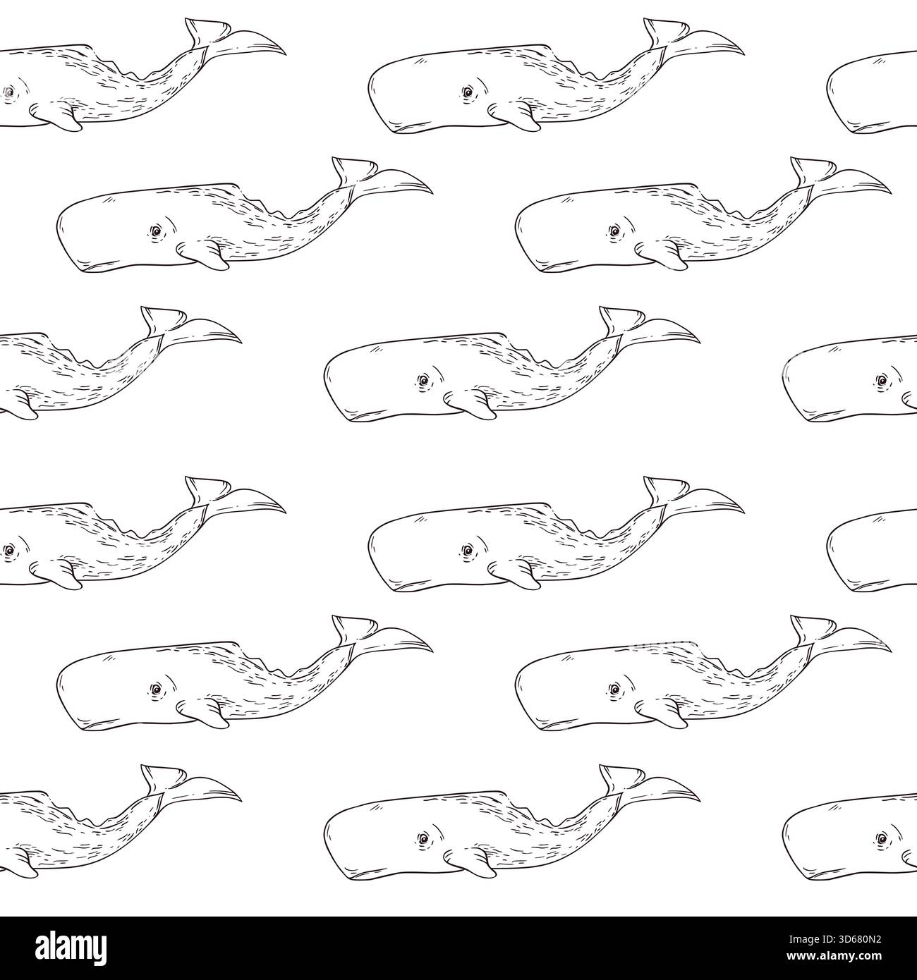 Vector seamless pattern from sperm whale drawing, all objects are hand-drawn in ink and translated into vector. Vector pattern is perfect for printing Stock Vector