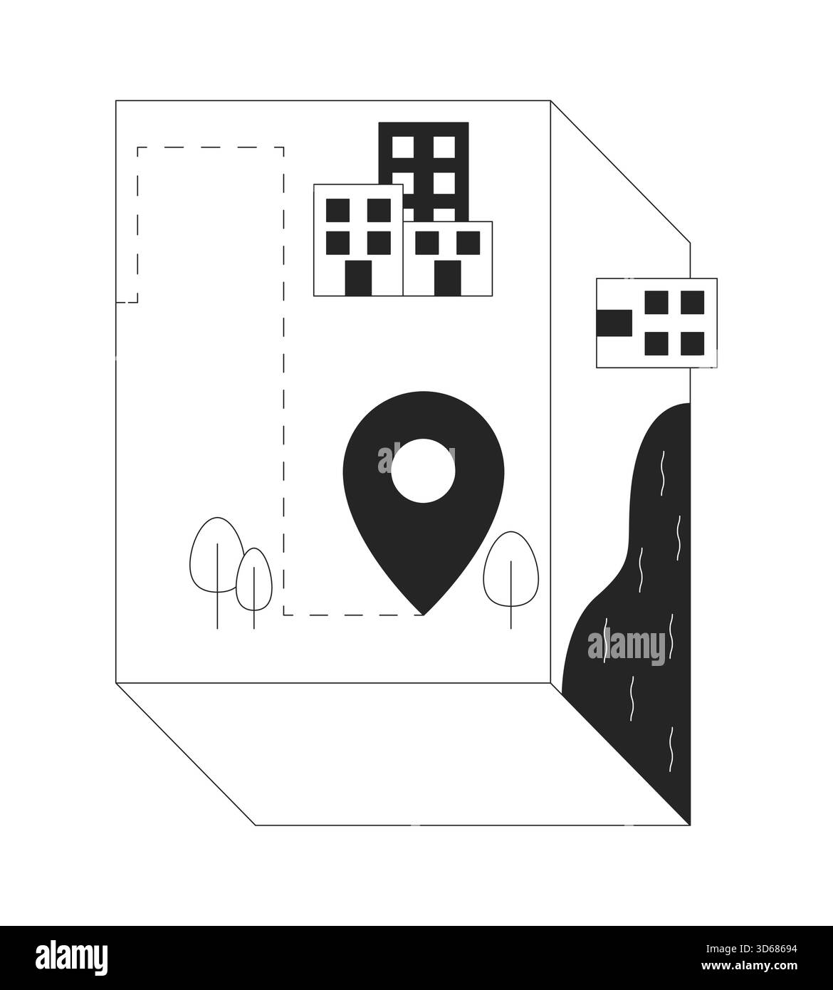 Isometric urban map with location pin 2D line object Stock Vector