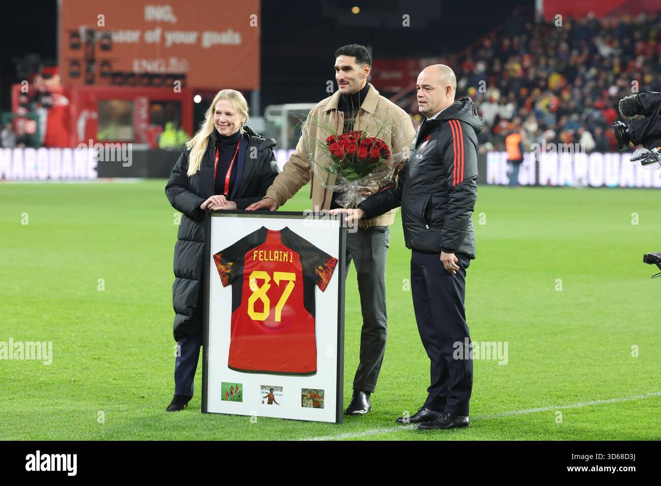 RBFA chairwoman Pascale Van Damme, Belgium's Marouane Fellaini and RBFA ...