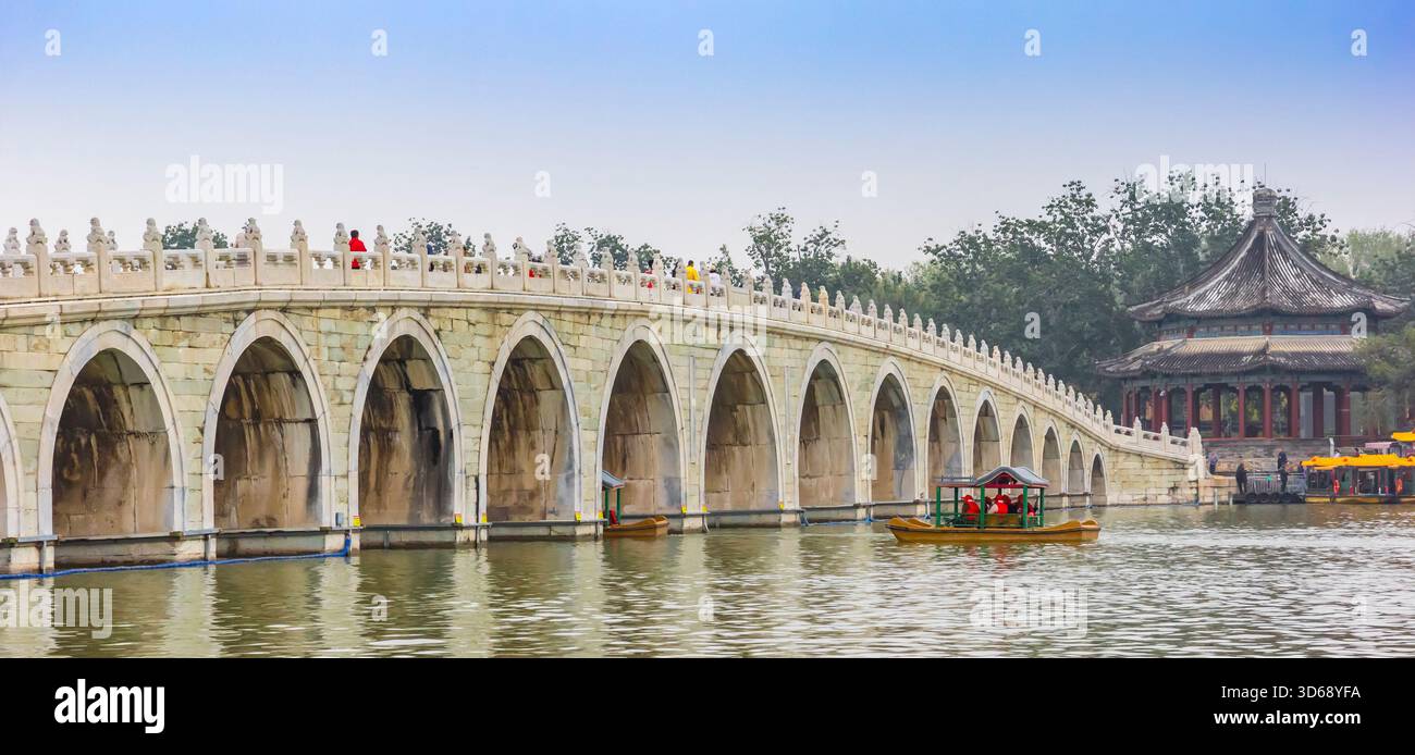 Panorama of the Seventeen Arches Bridge of the Summer Palace in Beijing, China Stock Photo
