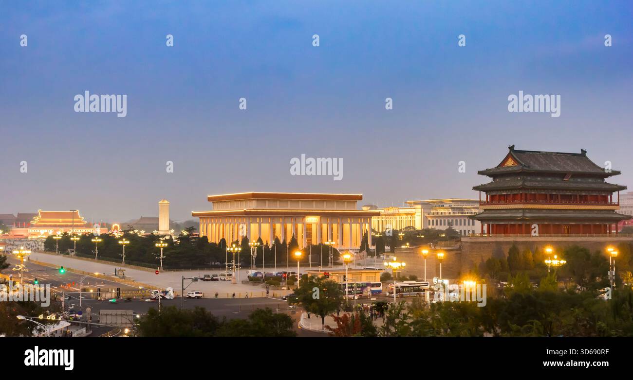 Aerial panorama of the Tiananmen square at dusk in Beijing, China Stock Photo
