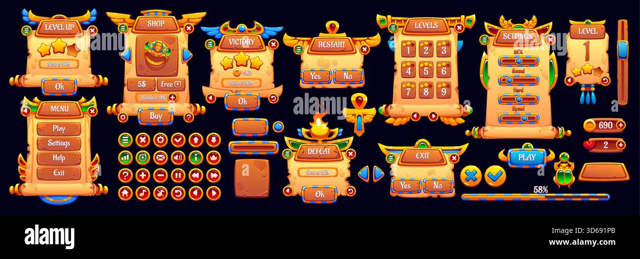Egypt game bar asset, vector UI panels and boards. Cartoon interface elements of scroll shaped menu, golden buttons, victory defeat screen, shop and progress bar. Ancient Egypt game papyrus frames set Stock Vector