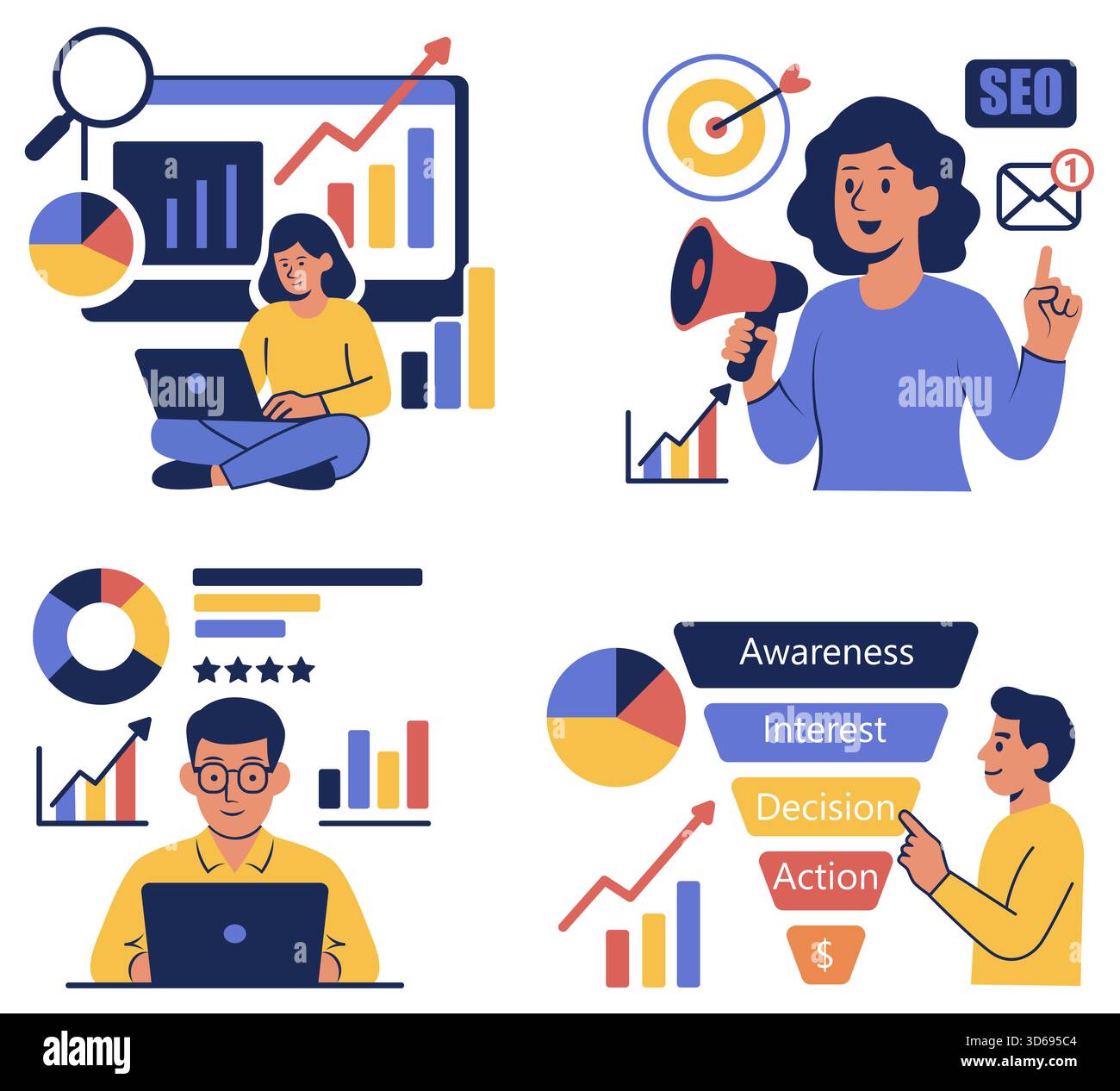vector illustration depicts scenes of individuals analyzing data with ...