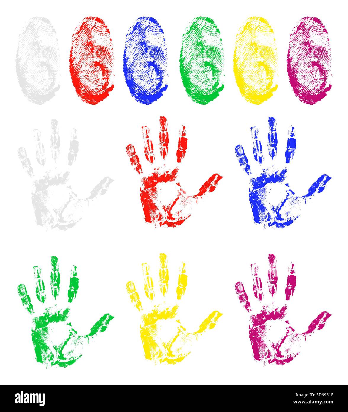 fingerprint and handprint of different colors cartoon stock vector illustration isolated on gray background Stock Vector