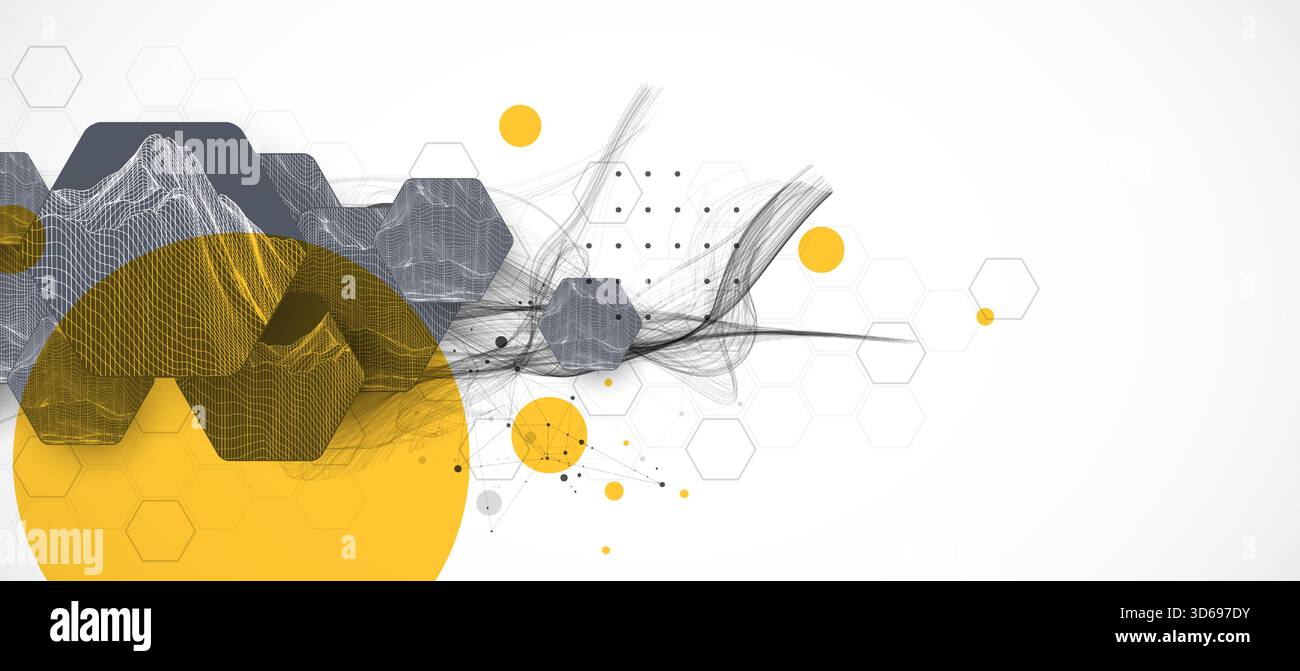 Abstract composition with wireframe hexagons, dots, and lines. Vector Stock Vector