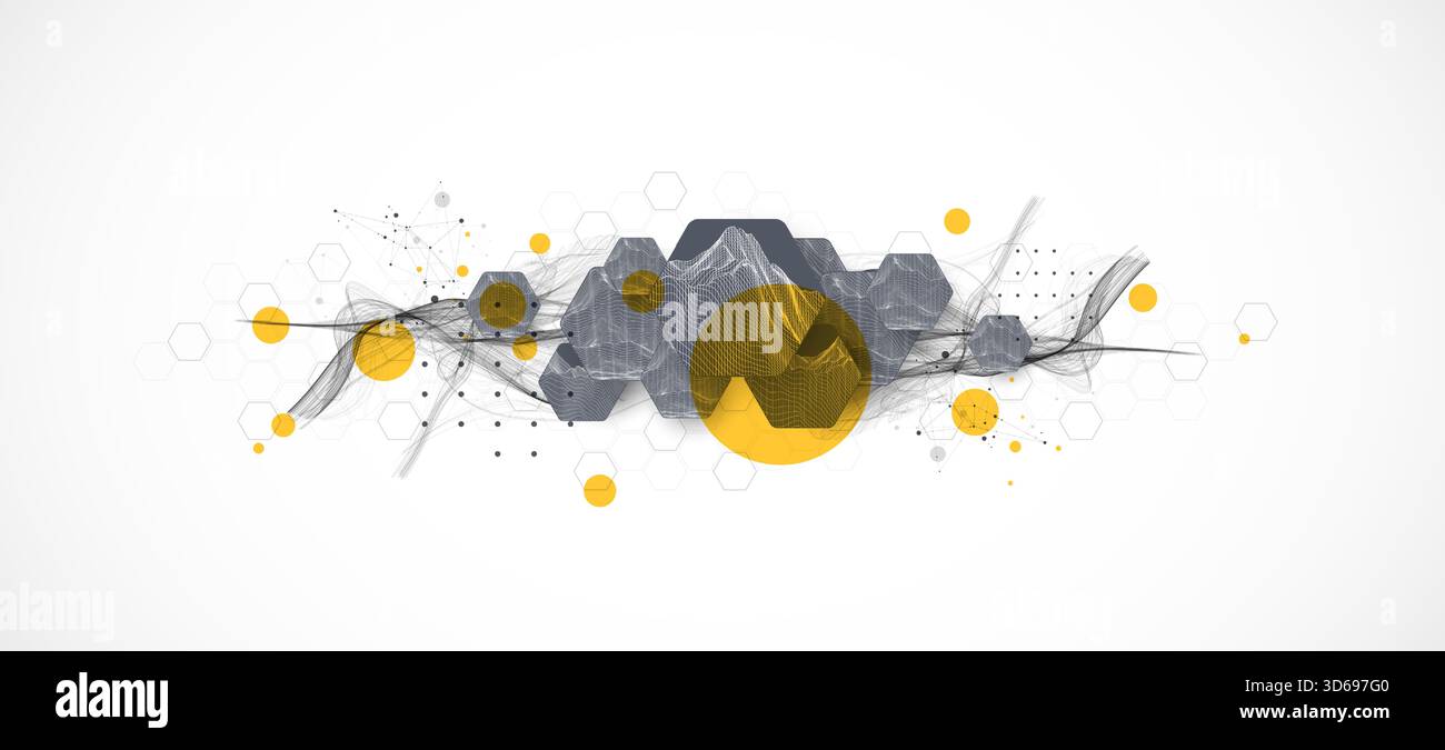 Abstract composition with wireframe hexagons, dots, and lines. Vector Stock Vector