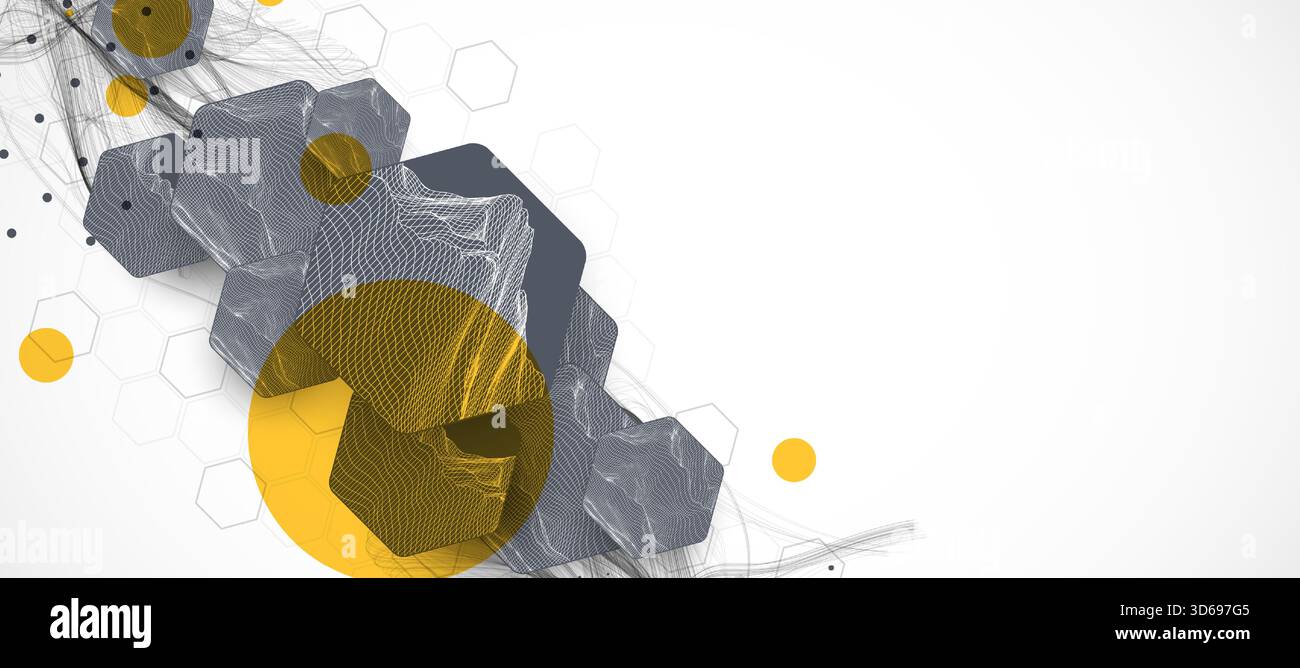 Abstract composition with wireframe hexagons, dots, and lines. Vector Stock Vector