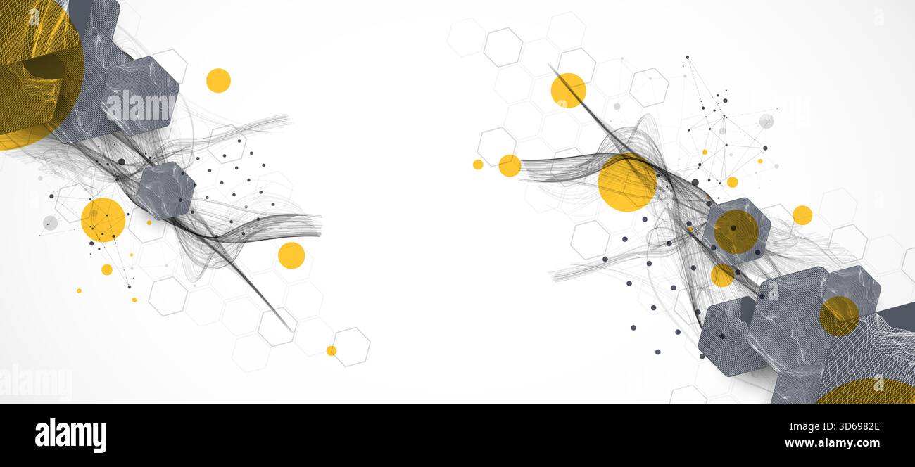 Abstract composition with wireframe hexagons, dots, and lines. Vector Stock Vector