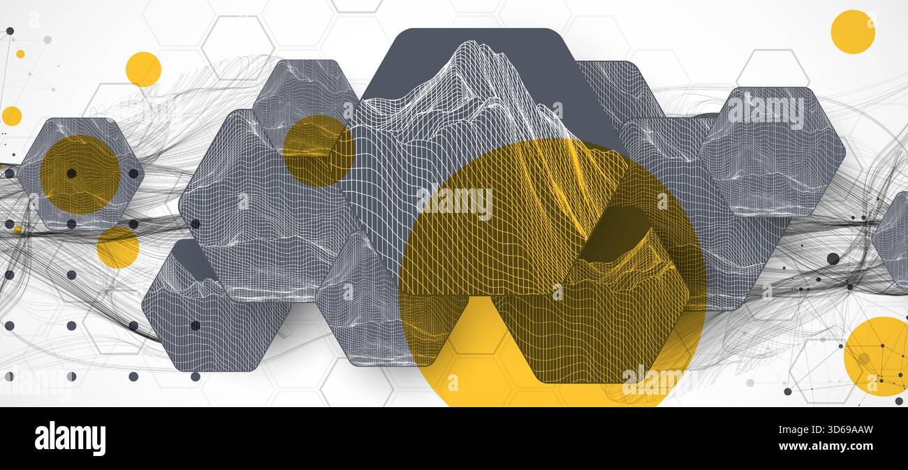 Abstract composition with wireframe hexagons, dots, and lines. Vector Stock Vector