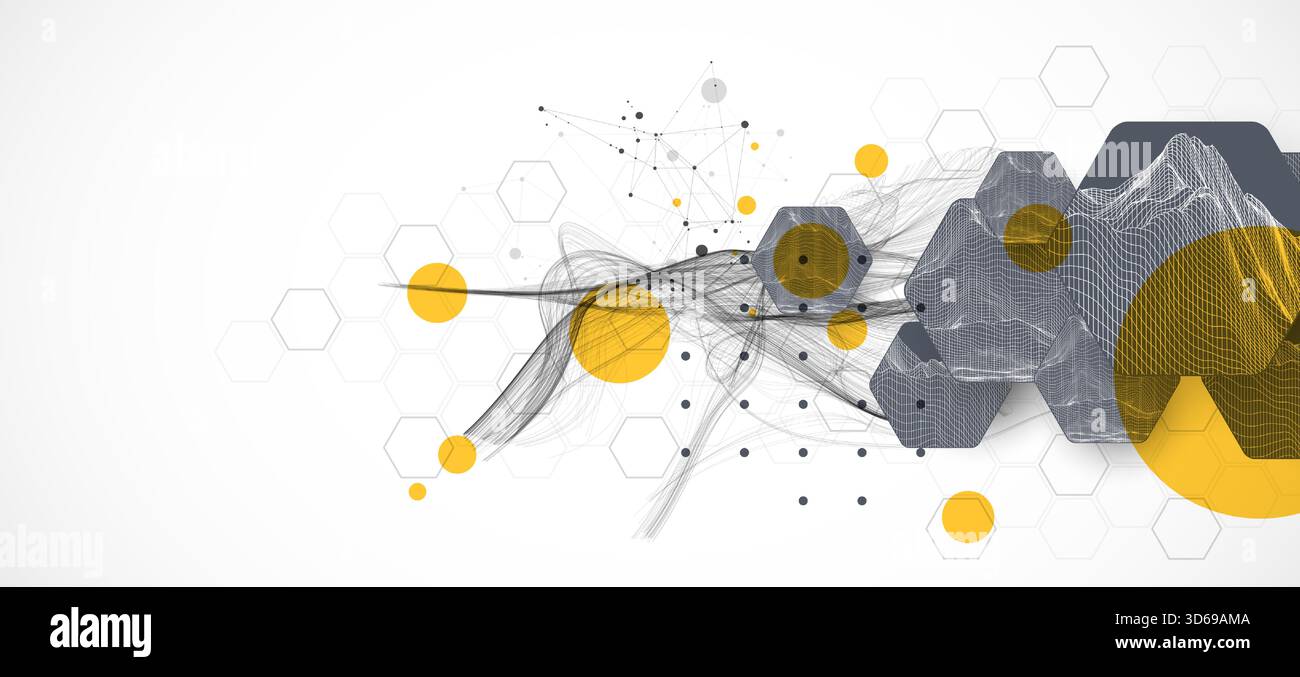 Abstract composition with wireframe hexagons, dots, and lines. Vector Stock Vector