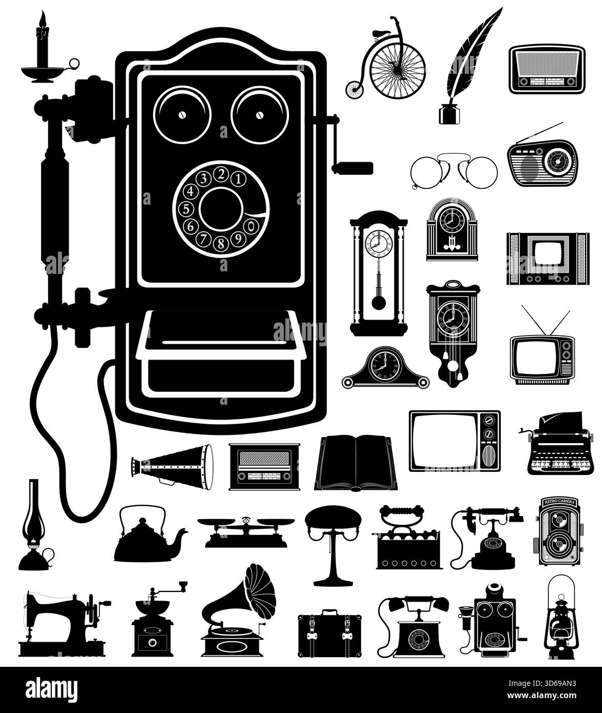 much objects items retro old vintage icons black silhouette cartoon stock vector illustration isolated on white background Stock Vector