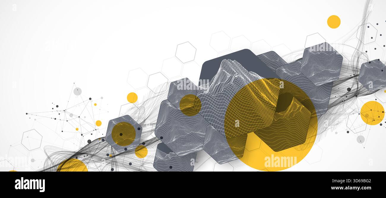Abstract composition with wireframe hexagons, dots, and lines. Vector Stock Vector