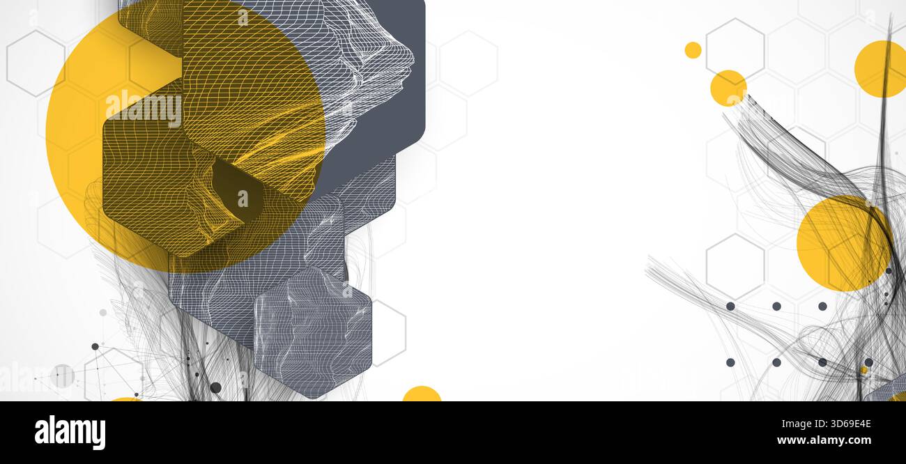 Abstract composition with wireframe hexagons, dots, and lines. Vector Stock Vector