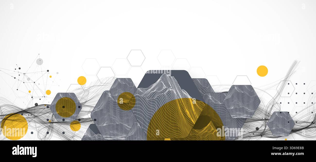 Abstract composition with wireframe hexagons, dots, and lines. Vector Stock Vector
