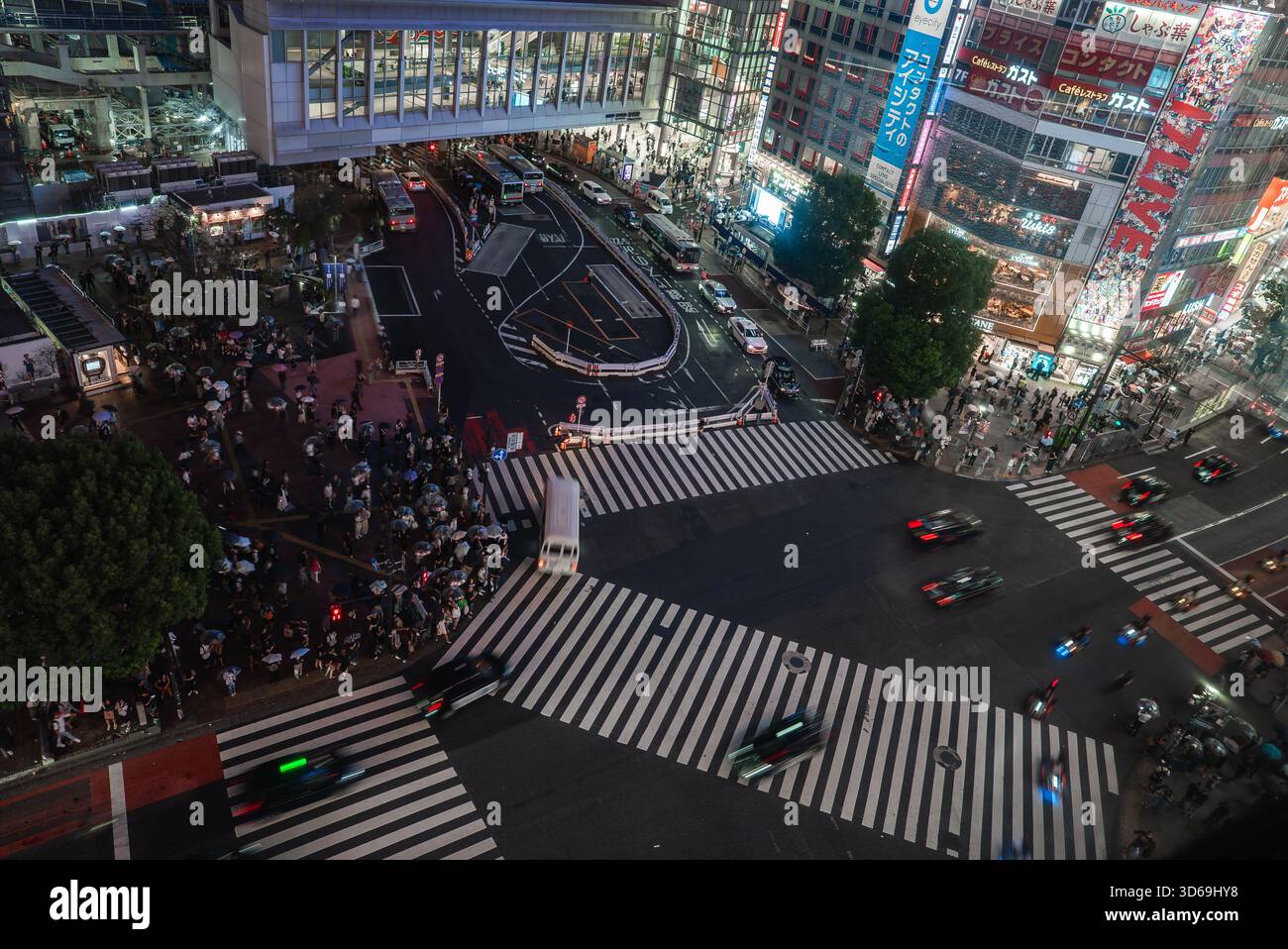 Aerial night view of Shibuya Crossing and Shibuya Station, Tokyo Stock ...