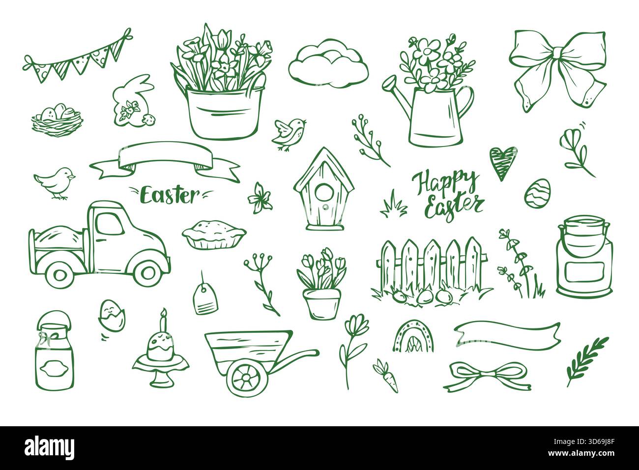 Farm easter doodles collection green on white background Stock Vector