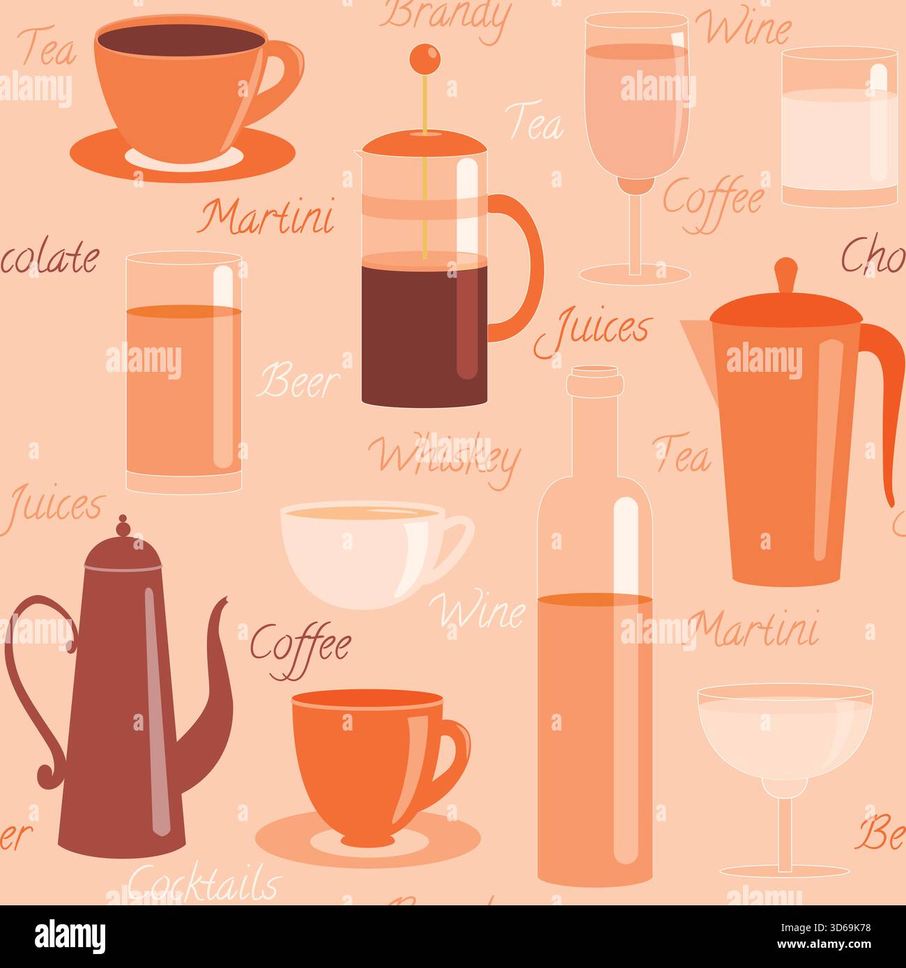 Seamless pattern with different drinks and text Stock Vector