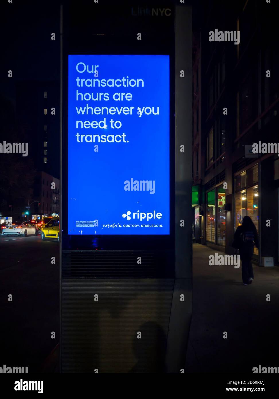 A LinkNYC kiosk advertises Ripple, the cryptocurrency company behind the  XRP, on Wednesday, November 5, 2025. Ripple and the XRP are billed as an  alternative and updated SWIFT (© Richard B. Levine