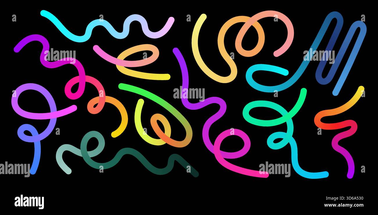 Vibrant gradient lines and squiggles form dynamic rainbow ribbons ...