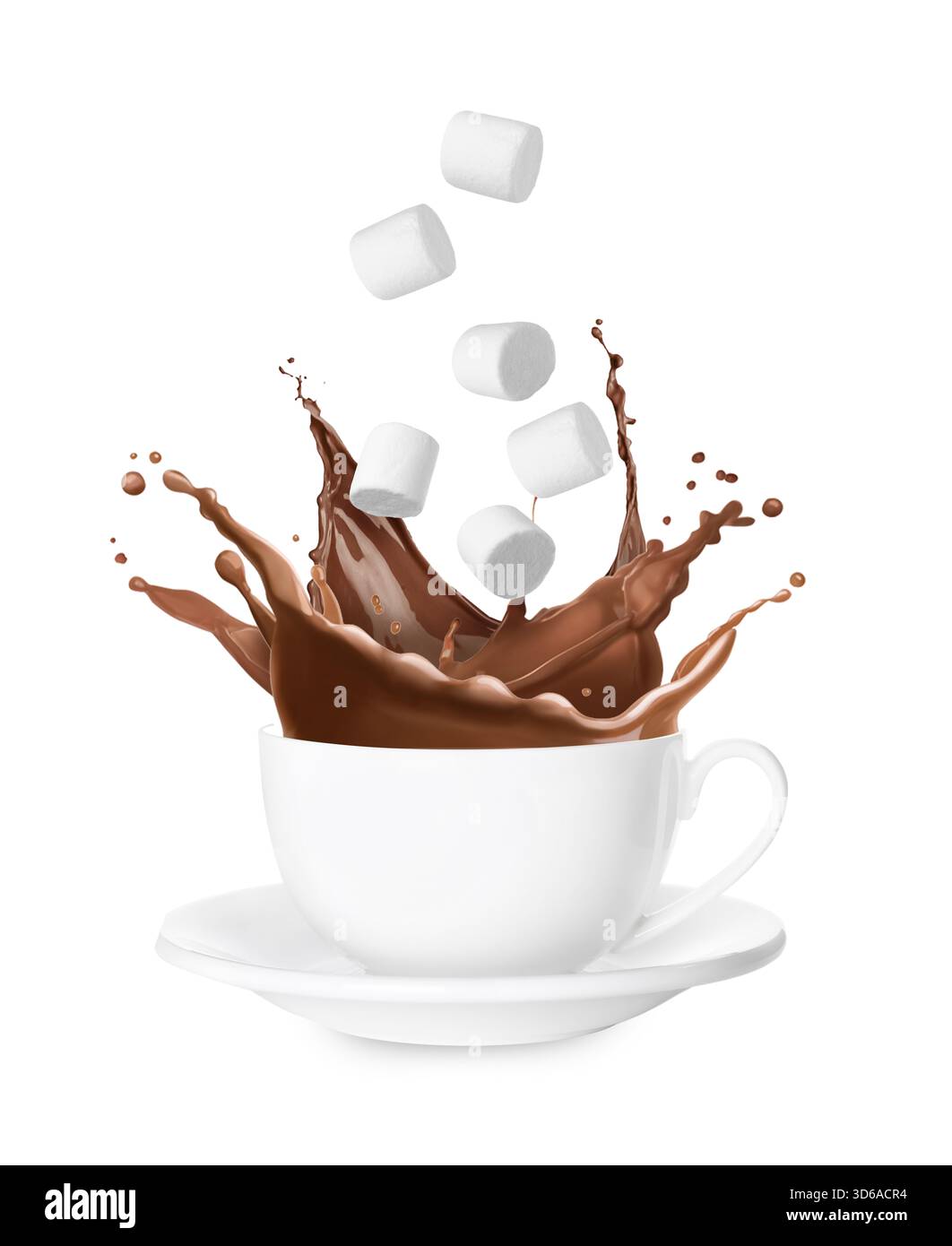 Fresh marshmallows falling into cup with hot cocoa on white background Stock Photo