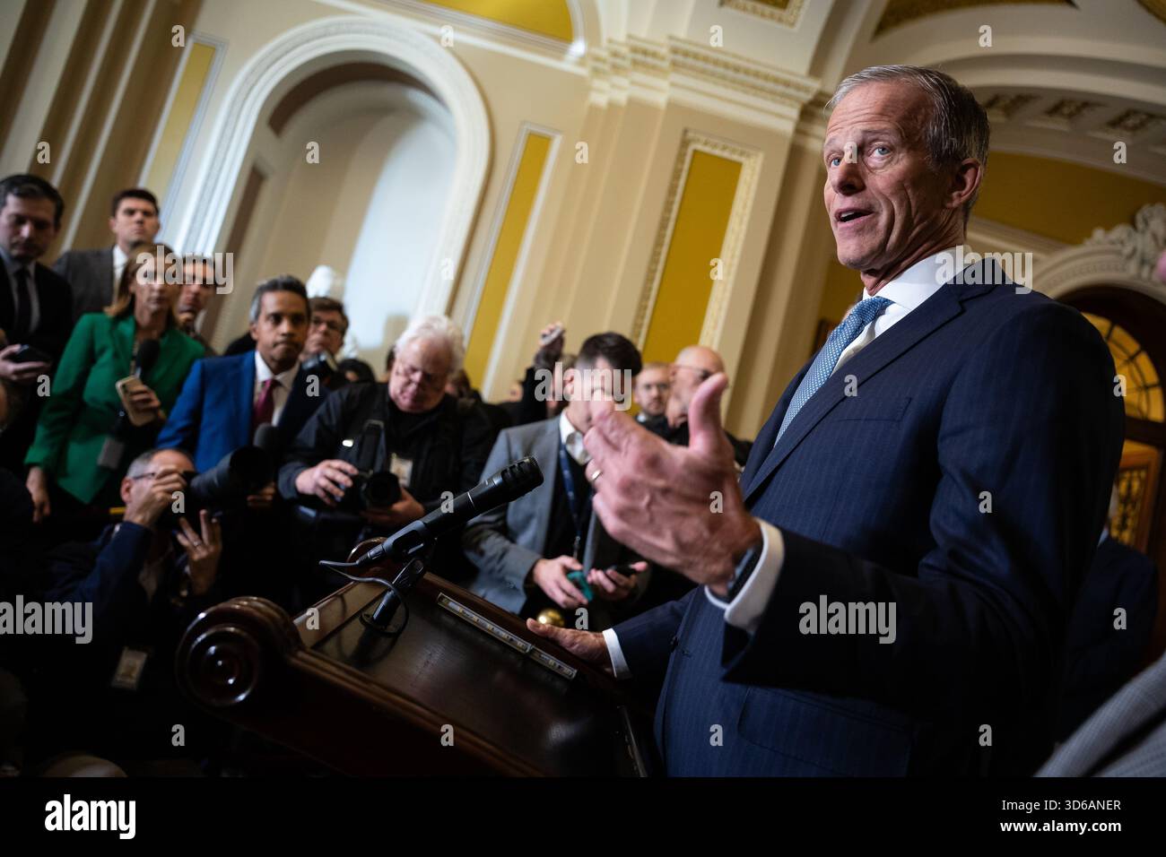 Senate Majority Leader John Thune (R-S.D.) speaks during a press ...