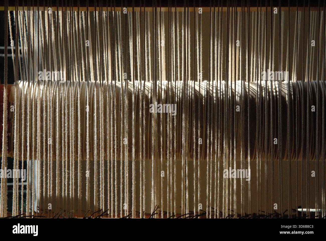Warp and Weft in Golden Light – Close-up Loom Detail Stock Photo