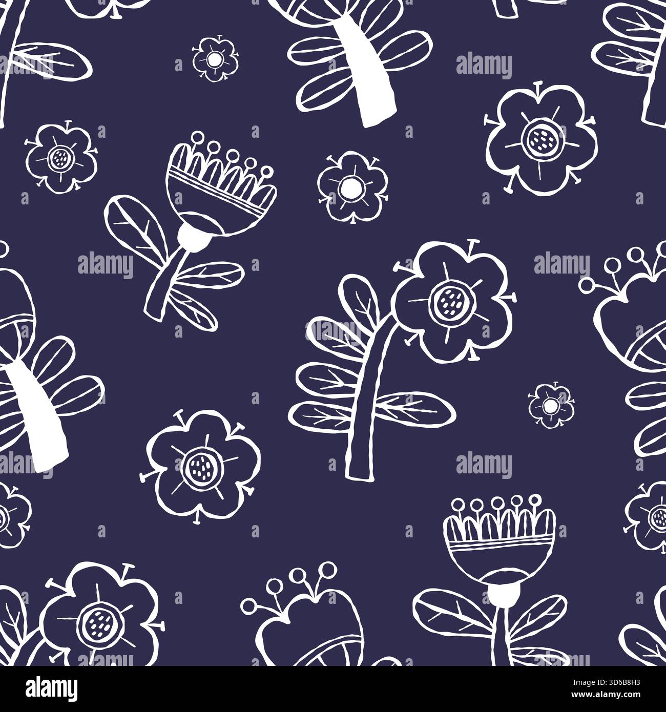 Outline Floral Seamless Pattern. Hand-Drawn Ornament with White Linear Flowers on Dark Blue Background. Template Textured Drawing doodle. Vector illus Stock Vector