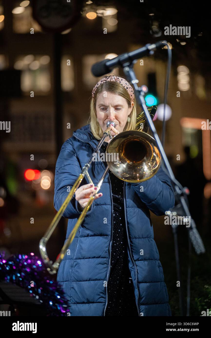 London, UK, 19th November 2025, Christmas Lights were switched on in Fleet Street by Alexander Armstrong, Snoopy and  Lady Lucy French on the 19th November. It marks the start of Festive Fleet Street Quarter 2025 programme which includes a Snoopy sculpture trail. Featuring 12 artist-designed Snoopy sculptures displayed across the Quarter, this runs until 16th January 2026., Andrew Lalchan Photography/Alamy Live News Stock Photo