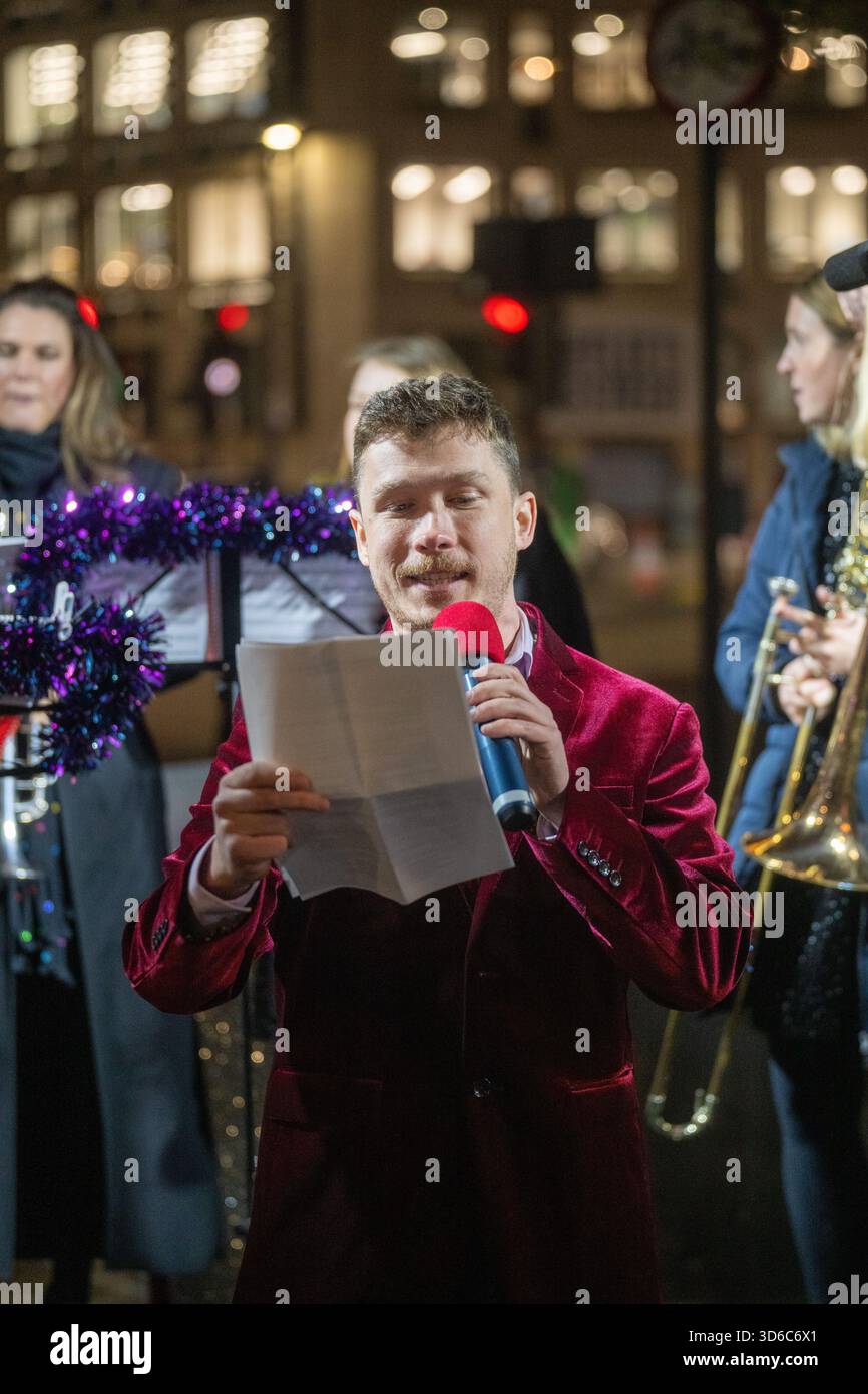 London, UK, 19th November 2025, Christmas Lights were switched on in Fleet Street by Alexander Armstrong, Snoopy and  Lady Lucy French on the 19th November. It marks the start of Festive Fleet Street Quarter 2025 programme which includes a Snoopy sculpture trail. Featuring 12 artist-designed Snoopy sculptures displayed across the Quarter, this runs until 16th January 2026., Andrew Lalchan Photography/Alamy Live News Stock Photo