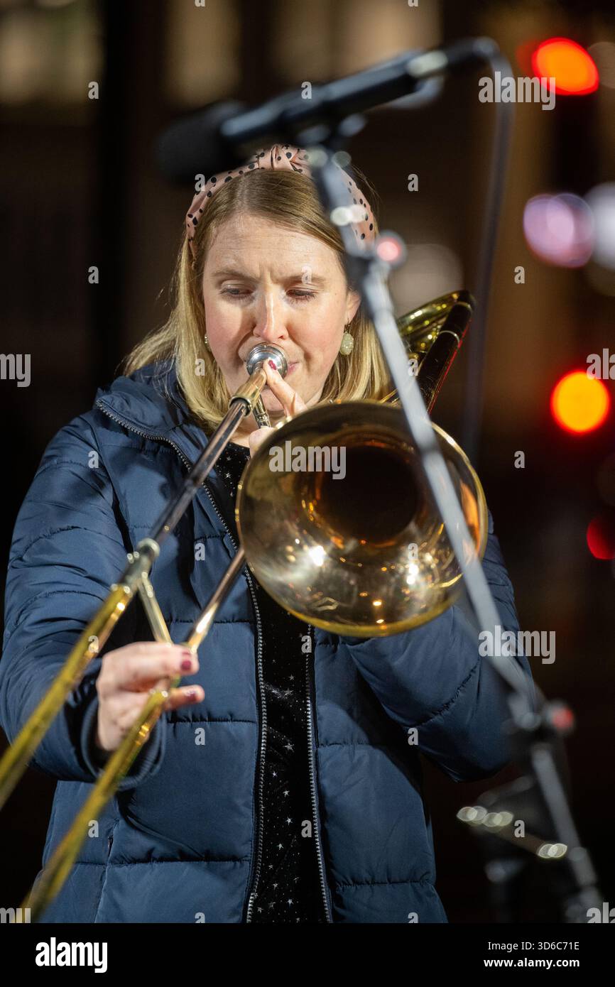 London, UK, 19th November 2025, Christmas Lights were switched on in Fleet Street by Alexander Armstrong, Snoopy and  Lady Lucy French on the 19th November. It marks the start of Festive Fleet Street Quarter 2025 programme which includes a Snoopy sculpture trail. Featuring 12 artist-designed Snoopy sculptures displayed across the Quarter, this runs until 16th January 2026., Andrew Lalchan Photography/Alamy Live News Stock Photo