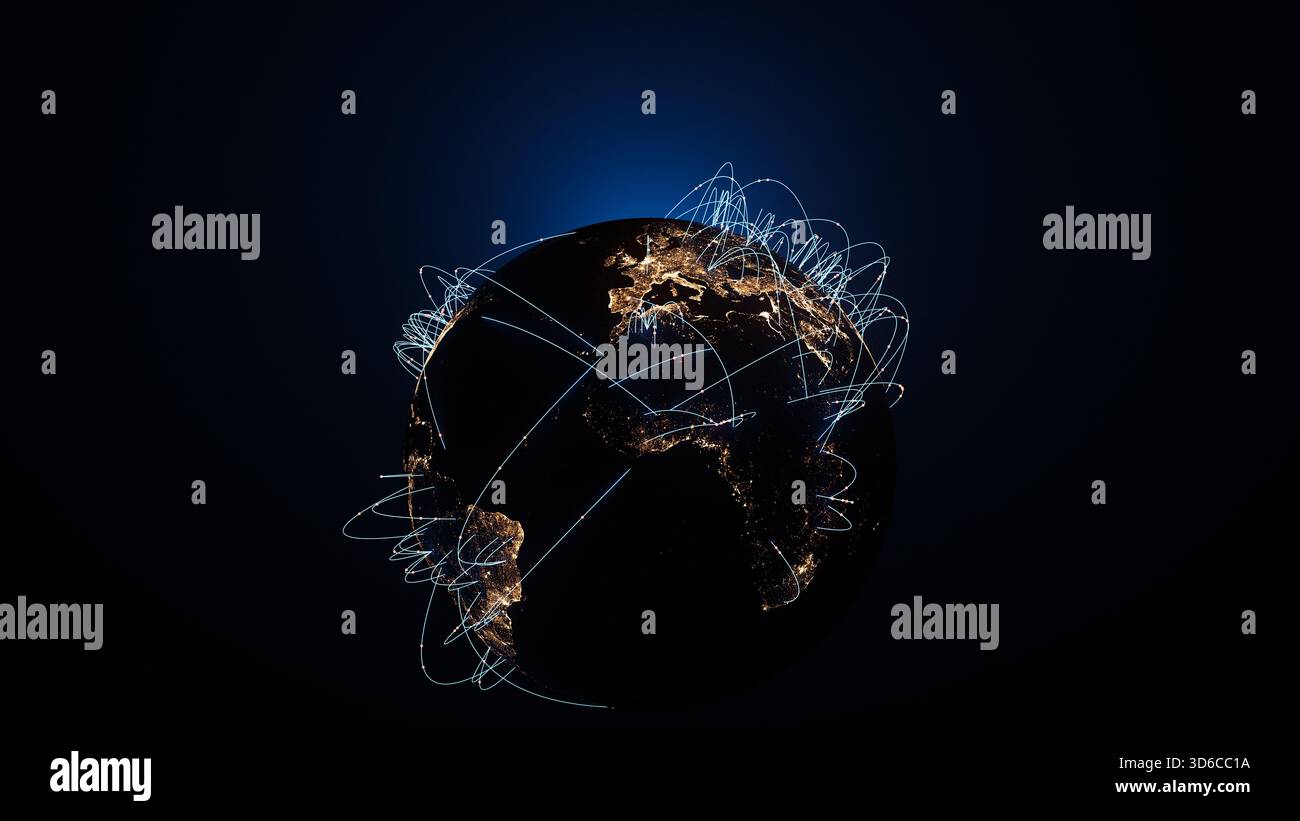 Global Network Connections over Night Earth with Glowing City Lights. 3d rendering Stock Photo