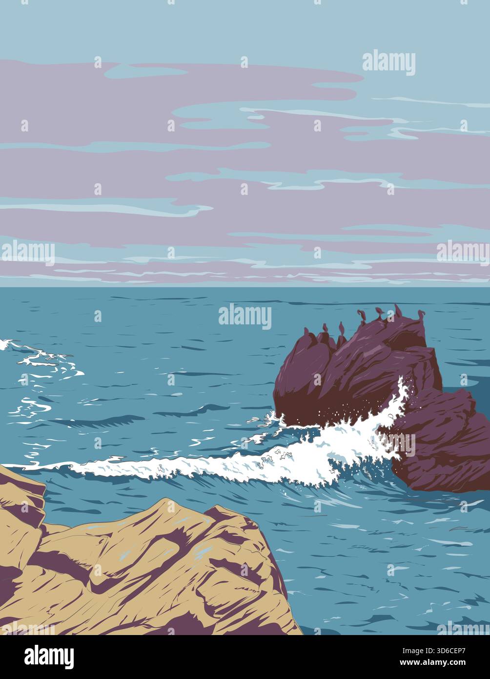 Ukiyo E Rocks WPA style or ukiyo-e illustration of Brandt's cormorant on rocks at ...