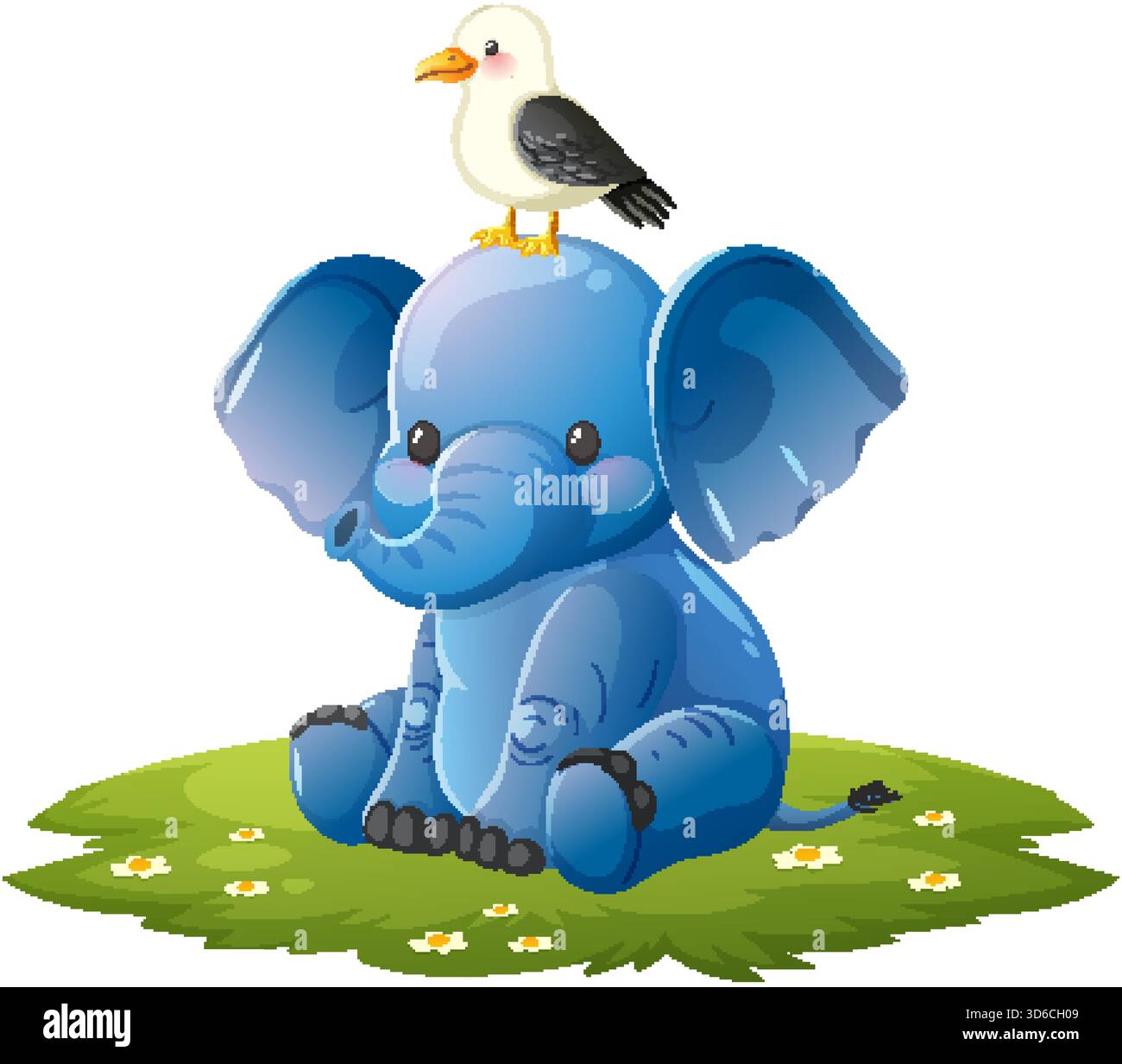 Cartoon baby elephant sitting on grass, bird perched on head, bright colors, vector illustration Stock Vector