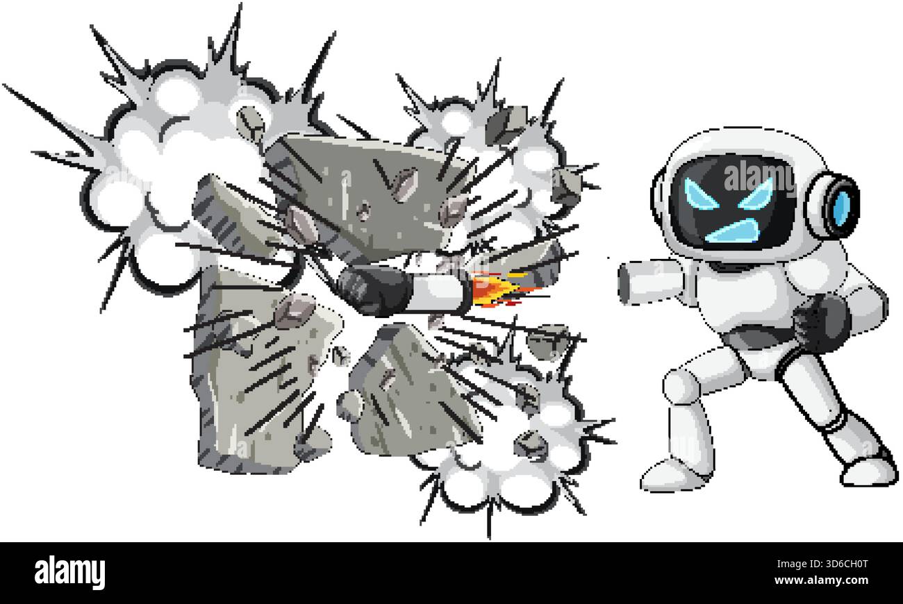 White cartoon robot smashes concrete wall, dynamic comic style, bold lines, vibrant colors Stock Vector