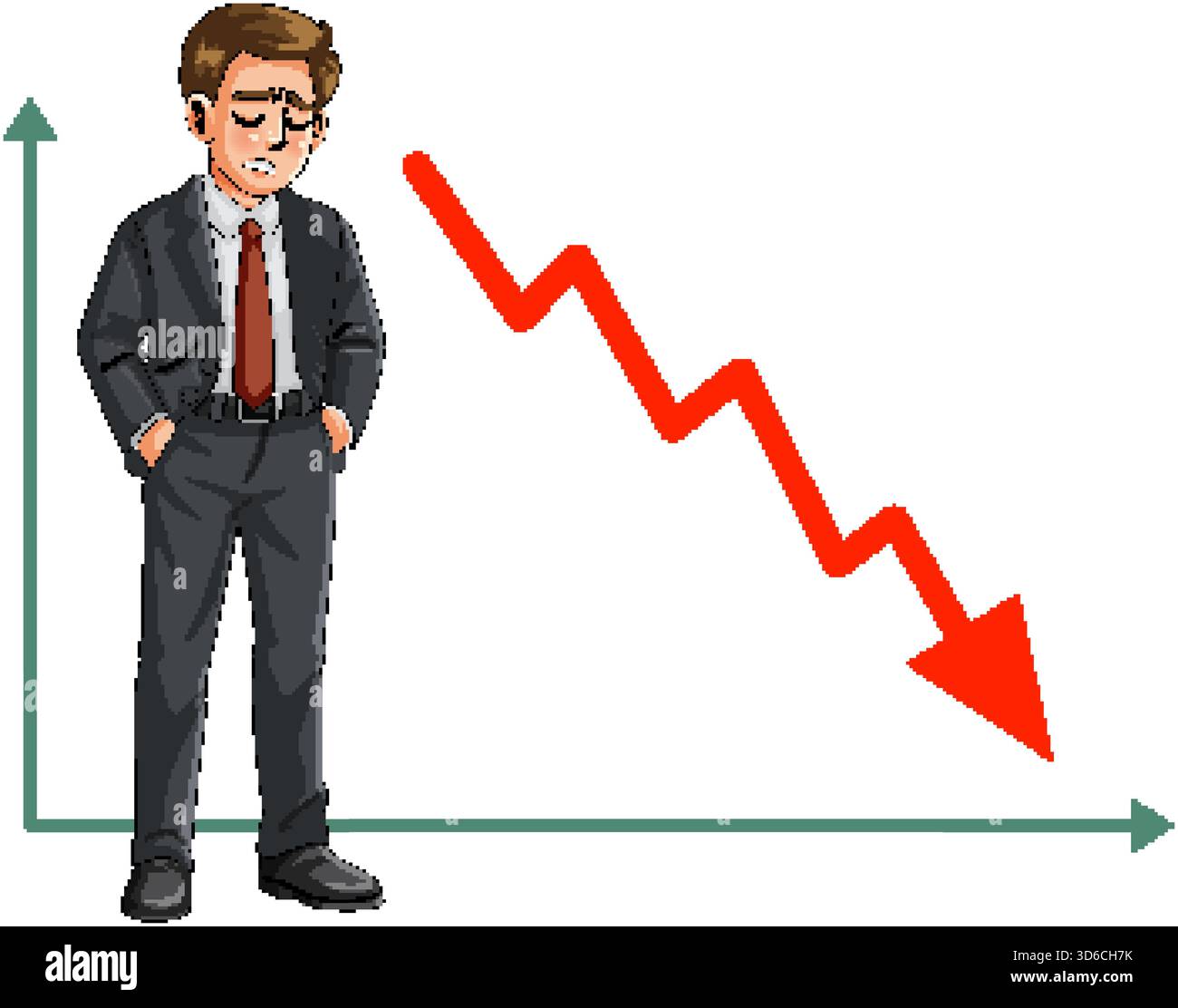 Cartoon businessman in suit, hands in pockets, beside declining red arrow line graph Stock Vector