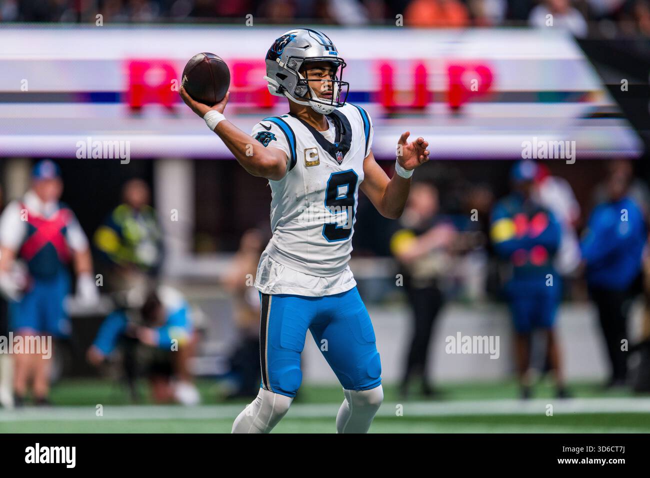 Carolina Panthers quarterback Bryce Young (9) throws during the first